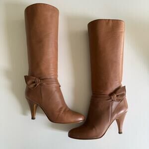 Vintage 1980s Bootalinos By Corelli Taupe Leather Knee High Boots With Bows 6.5M